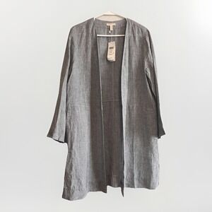 Eileen Fisher Jacket Womens Medium Gray Linen Open Front Long Duster Kimono